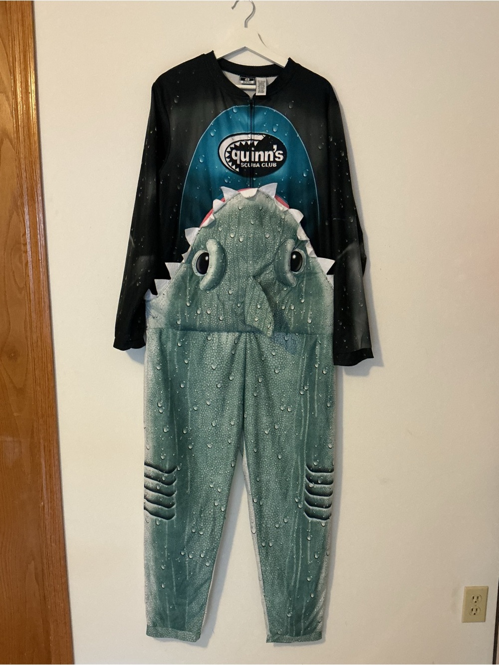 Briefly Stated Halloween Costume Men's Shark Onesie in Teal and Black.